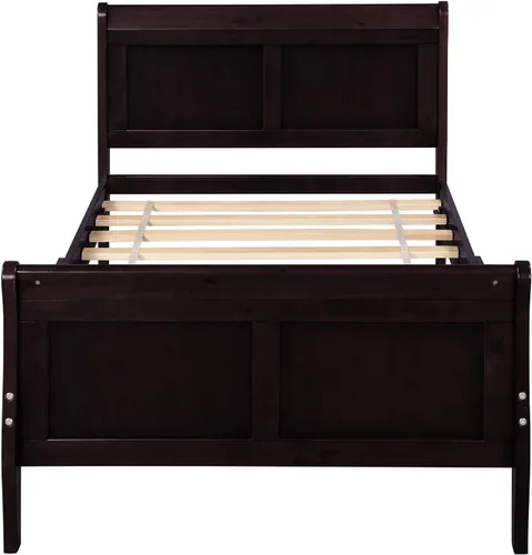 Vista 6 de Base de cama de trineo de madera individual, cama de plataforma con cabecero y estribo, listones de madera, no necesita somier, diseño resistente