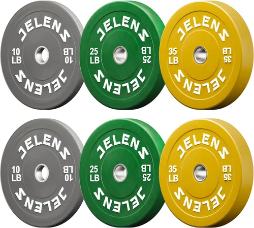 Vista 16 de Juego de Placas de Peso para Barra Olímpica JELENS, Juego de Pesos de Goma de 2 Pulgadas Negro/Colorido para Entrenamiento de Fuerza y Levantamiento
