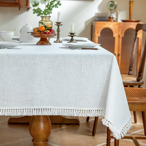 Vista 7 de AmHoo - Mantel de lino con borlas y bordado rectangular decorativo para mesa natural para cocina, comedor, buffet de boda, 55 x 55 pulgadas, negro