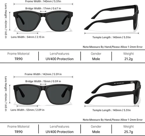 Vista 4 de STGATN Lentes de sol polarizados cuadrados para hombre, 2 paquetes en 2 estilos, marcos TR90 mate, protección UV400, antideslizantes