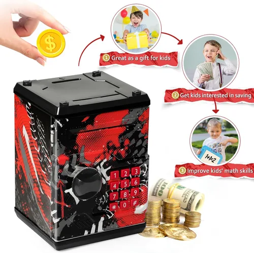 Vista 5 de Alcancía de cajero automático para niños y niñas, Vcertcpl - Mini alcancía de monedas con contraseña, caja de ahorro con agarre automático