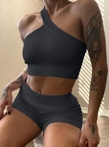 Vista 4 de HYZ Conjunto de entrenamiento de 2 piezas sin costuras para mujer, sin mangas, acanalado, dos piezas, cintura alta, para gimnasio, yoga, pantalones