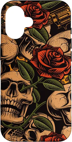 Vista 32 de Funda con diseño de tatuajes de flash tradicional para iPhone 17 con diseño retro rojo de rosas de calavera