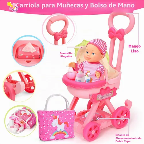 Vista 4 de Golray Juego de cochecito de bebé para niña con muñeca de bebé de 12 pulgadas y 17 piezas de accesorios para muñecas de bebé, bolso/ropa, sombrilla