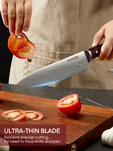 Vista 7 de FOHERE Juego de cuchillos de chef, 5 cuchillos de cocina ultra afilados con mango ergonómico de madera de Pakka roja, juego de cuchillos