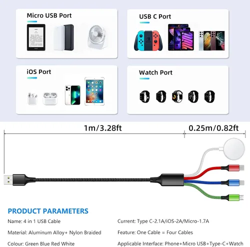 Vista 4 de Travel Essentials - Cargador de iWatch y iPhone 4 en 1, cable de carga múltiple para Apple Watch, USB C, micro nailon, compatible con iWatch