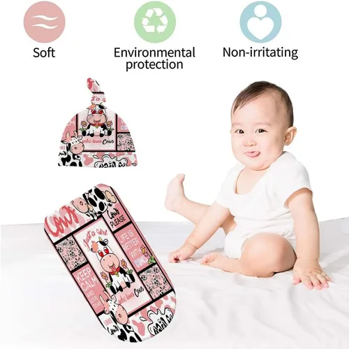 Vista 4 de Juego de mantas para recién nacido con gorro de Who Love Cows, manta de recepción para recién nacido para niño y niña, saco de envolver para ducha