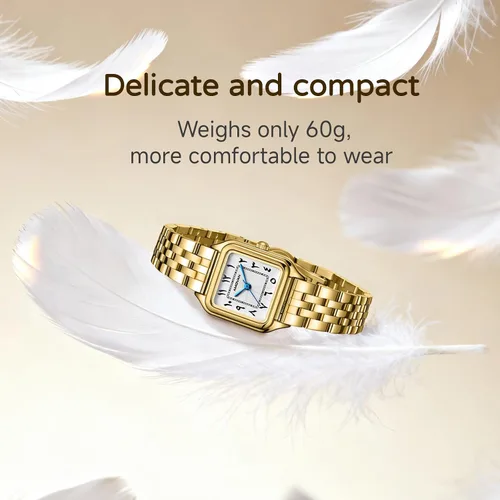 Vista 4 de Relojes dorados para mujer, pulsera pequeña, esfera de números arábigos, correa de acero inoxidable, caja rectangular de cuarzo para mujer, reloj