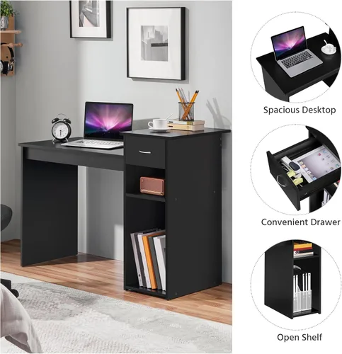 Vista 11 de Yaheetech Juego de escritorio y silla negra para computadora con cajón