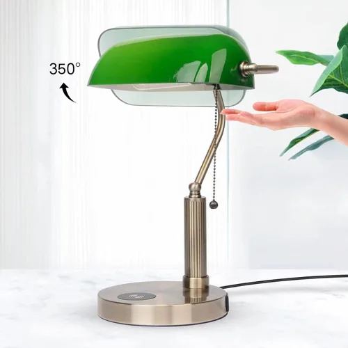 Vista 4 de FIRVRE Lámpara de Escritorio de Banco de Vidrio con Puerto de Carga Inalámbrica USB Lámpara de Escritorio LED Lámpara de Mesa con Cadena de Tirón