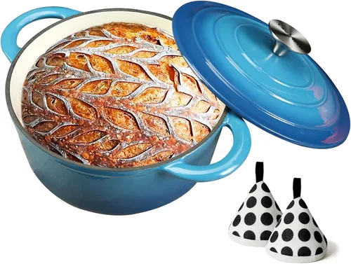 Vista 19 de COOKWIN Horno holandés de hierro fundido, olla redonda de 3 QT con tapa autobronceadora para hornear en casa, brasero, cocina, excelentes regalos