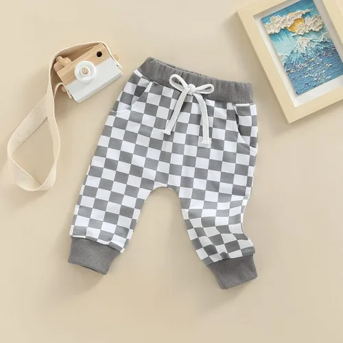 Vista 3 de lingsahng Pantalones de bebé para niño pequeño, cintura elástica, mezcla de algodón, pantalones deportivos holgados y largos, ropa de bebé, Cuadros