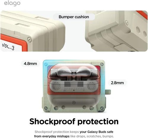 Vista 5 de elago Compatible con Samsung Galaxy Buds 3 Pro y 3 y 3 FE Funda, funda con diseño de cinta de casete con mosquetón, protección completa, accesorios