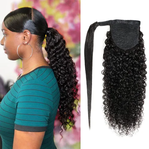 Vista 17 de Extensiones de cola de caballo con correa de cabello humano rizado, 100% cabello brasileño sin procesar, cola de caballo, pasta mágica con clip