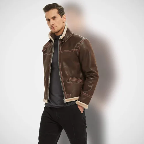 Vista 2 de saounisi Chaqueta de piel sintética con cuello alto para hombre, chaqueta de cuero sintético para cosplay