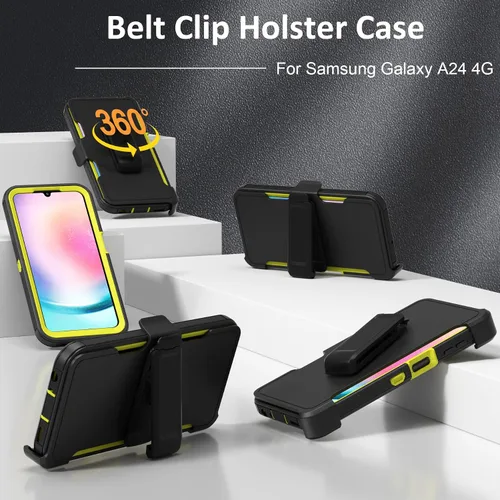Vista 2 de Funda resistente para Samsung Galaxy A24 4G, con clip para cinturón y soporte, resistente, a prueba de golpes, funda protectora de cuerpo completo
