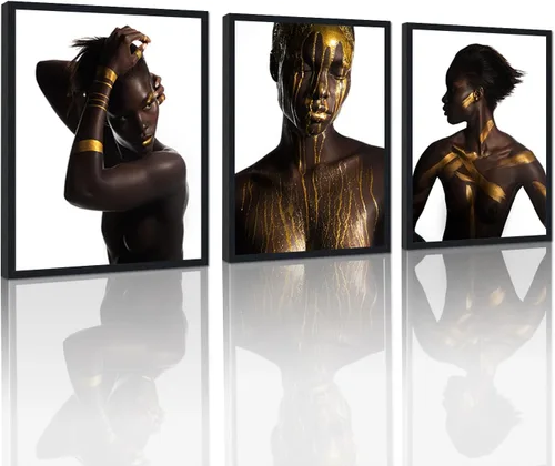 Vista 14 de MAMAGO Lienzo decorativo para pared, pintura de belleza dorada y negra, fotos de mujeres africanas, hermosos pósteres de mujer negra, impresiones