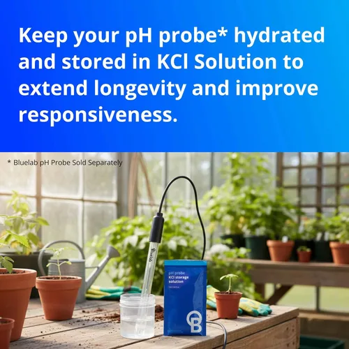Vista 4 de Kit de cuidado para sonda de pH Bluelab CAREKITPH con solución de calibración, solución de almacenamiento y cepillo, utilizado para lápiz de pH