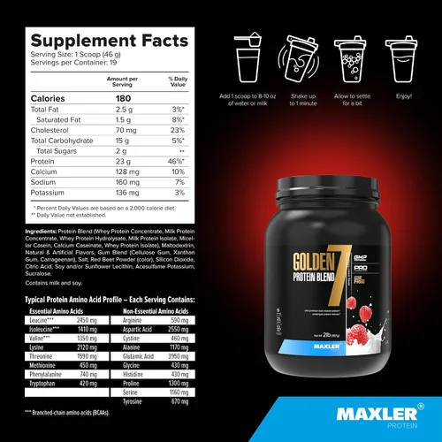 Vista 5 de Maxler Golden 7 Protein Blend - Proteína en polvo para ganancia muscular y recuperación - Polvo de proteína de fresa de 2 libras