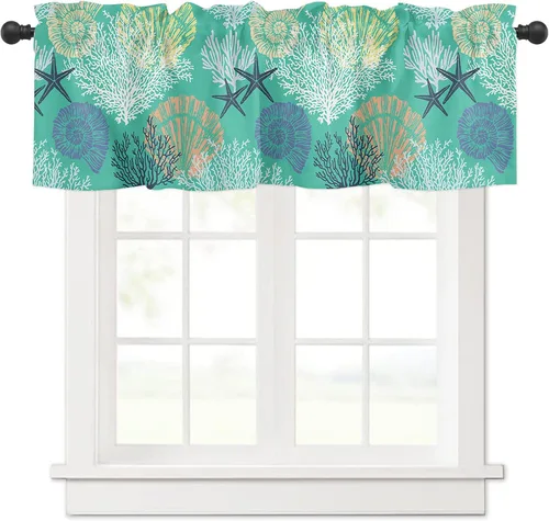 Vista 24 de Cenefa de amarre para ventanas, cortinas náuticas costeras de coral, cenefas con bolsillo para barra, cortinas de ventana con temática de playa