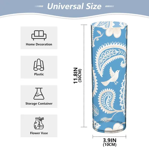 Vista 2 de Jarrón de plástico azul bohemio con flores de cachemira blanca, 11.8 x 3.9 pulgadas, portavelas decorativo, irrompible, mesa de boda, oficina