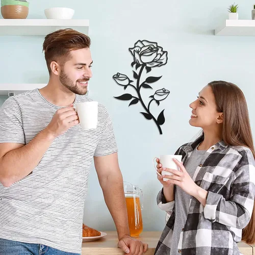 Vista 4 de ESTART Decoración de pared de rosas de metal negro para baño, 15 pulgadas de alto, bonito arte de pared floral de metal para el día de San Valentín