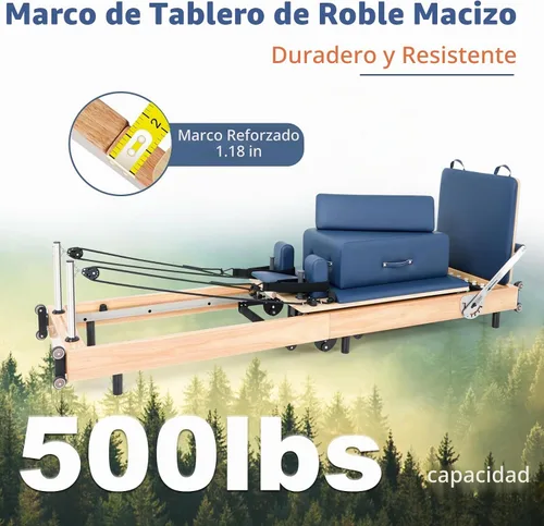 Vista 3 de Foldable Oak Wood Pilates Reformer Machine for Home and Studio Training Azul real