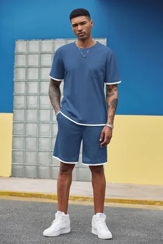 Vista 27 de COOFANDY Conjunto de camisa y pantalones cortos de gofre para hombre, conjunto de 2 piezas, conjunto casual de verano con bolsillos