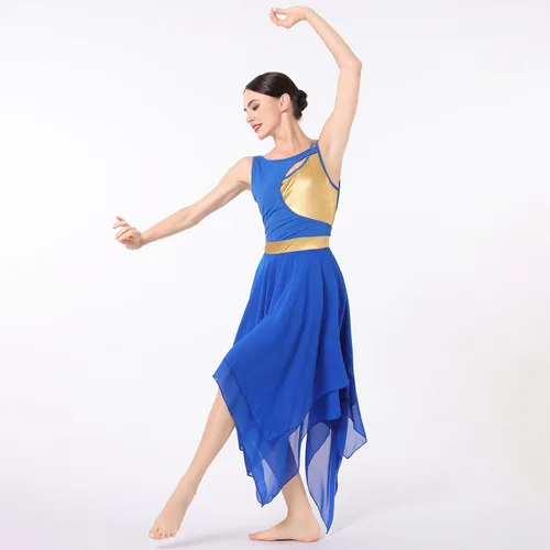 Vista 3 de AFAVOM Disfraz de baile lírico para mujer, vestido de lentejuelas con flores, falda asimétrica de tul fluida, disfraces de danza contemporánea