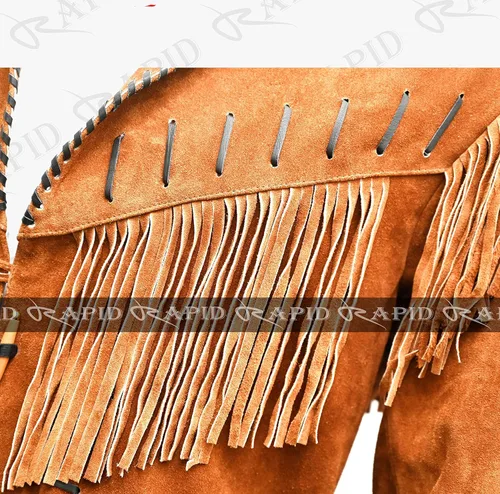 Vista 6 de Chaqueta de cuero vaquero occidental para hombre, gamuza real y flecos, abrigo nativo americano, color marrón tostado, talla 3XL grande RP-786 0