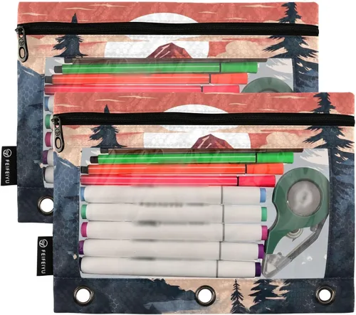Vista 2 de Una bolsa para lápices de montaña se adapta a carpetas estándar de 3 anillas, bolsa de lápices con cremallera con ventana transparente para oficina