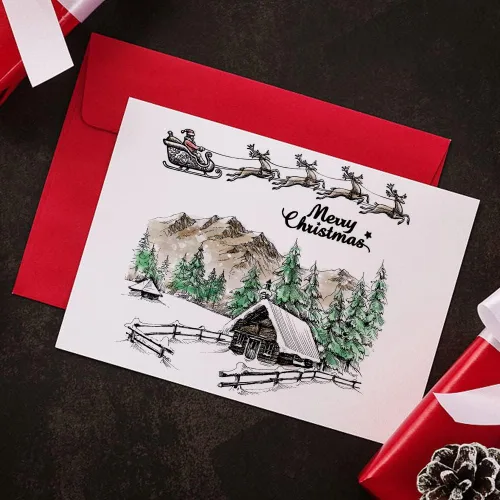 Vista 4 de Sellos transparentes de montaña de Navidad para hacer tarjetas y decoraciones de álbum de fotos, sellos de silicona del trineo de Santa Claus sellos
