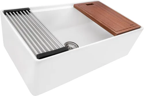 Vista 12 de Ruvati 23 x 18 pulgadas Fregadero de Cocina de Arcilla Refractaria, Modelo Farmhouse con Delantal Delantero, de Una Cubeta - Blanco - RVL2468WH