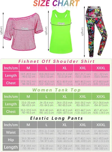 Vista 2 de AOTHSO 24 piezas de Halloween 80 para mujer, disfraz de red de neón, falda tutú, pantalones, bolsa de cintura, anteojos, diadema, aretes, calentador