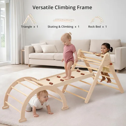 Vista 5 de Pikler - Juego de escalada triangular plegable para niños, 7 en 1, Montessori, grandes juguetes de escalada de madera, gimnasio de selva