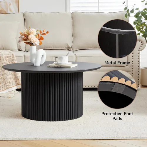 Vista 6 de Mesa de café redonda de 31.5", Mesa de centro moderna con acento acanalado y marco de metal, mesas de café de madera redondas para sala de estar