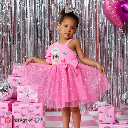 Vista 2 de L.O.L. Surprise! Vestido escalonado para niñas, estampado de figura en capas, un hombro, vestido casual fluido, talla 6-12