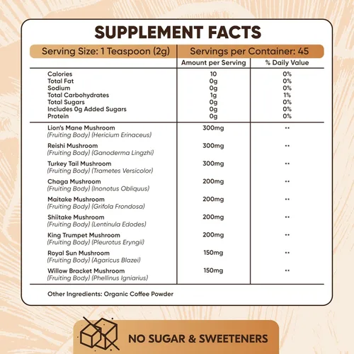 Vista 2 de Café de Hongos – Café instantáneo orgánico 10 en 1 Arábica - Cafe de Hongos con melena de león, cola de pavo, chaga – Enfoque, salud intestinal