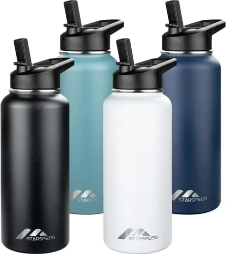 Vista 38 de StarSpeed Botella de agua aislada de 32 onzas con tapa con pajilla, botella de agua al vacío de doble pared de acero inoxidable, botella de agua