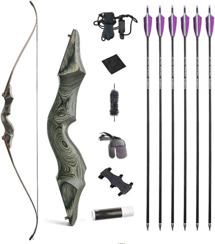 Vista 9 de Juego de arco recurvo y flecha original de 60 pulgadas Black Hunter Takedown de 20 a 60 libras, arco largo de madera tradicional RH&LH para caza