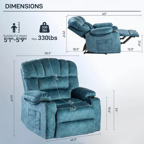 Vista 9 de Silla reclinable moderna ergonómica para sala de estar, sofá individual, con relleno de espuma, 2 portavasos y bolsillo lateral