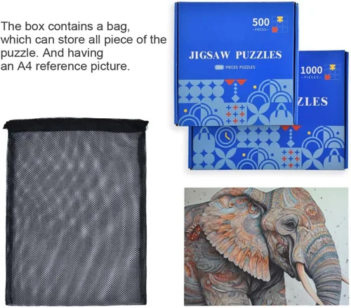 Vista 7 de Rompecabezas de madera de 1000 piezas con estampado de elefante de tótem, Zcon bolsa de almacenamiento con partición del alfabeto, fácil de resolver