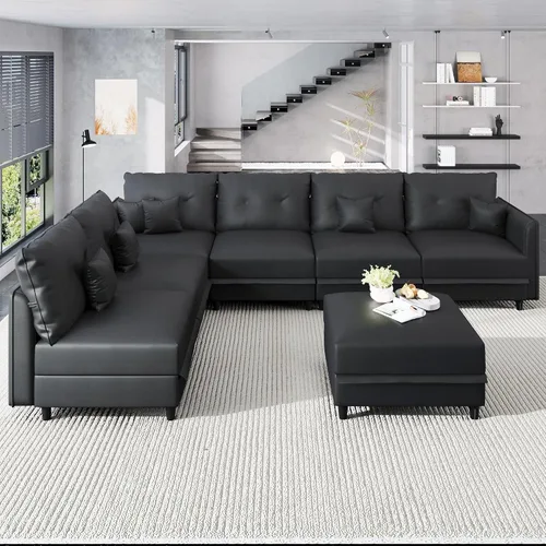 Vista 22 de LLappuil Sofá cama modular en forma de U de 6 plazas con almacenamiento, asiento profundo de piel sintética para sala de estar, impermeable y Negro