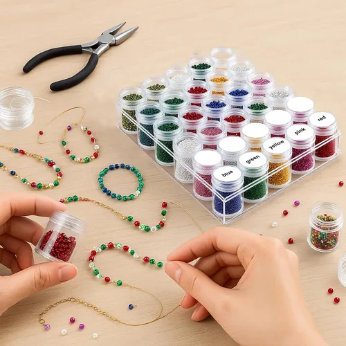 Vista 6 de BigOtters Contenedores de almacenamiento de pintura de diamante de 30 rejillas, estuche organizador portátil de cuentas con tapas para manualidades