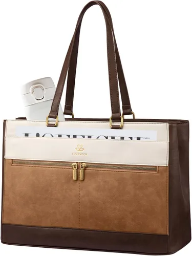Vista 3 de LOVEVOOK Bolsa para laptop para mujer, bolsas tote de trabajo vintage de 15.6 pulgadas para mujer, bolsa de cuero para maestros, bolso grande