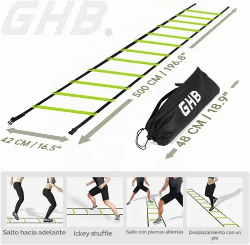 Vista 5 de GHB Escalera de agilidad profesional para entrenamiento de agilidad, velocidad de 12 peldaños y 20 pies con bolsa de transporte verde-2 por paquete
