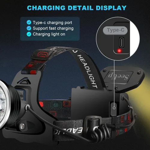 Vista 4 de Linterna de faro delantero, linterna LED recargable brillante, luz frontal impermeable con lámpara trasera para acampar al aire libre, correr