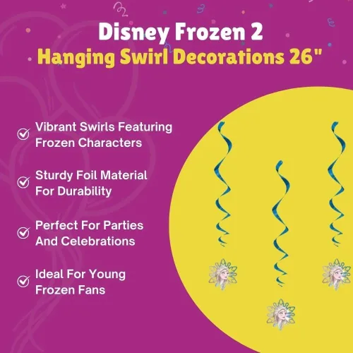 Vista 5 de Deslumbrante decoración de remolinos colgantes de Frozen 2 de Disney, 26 pulgadas (paquete de 3), encantador patrón de Elsa y Anna, perfecto