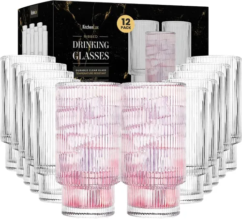 Vista 7 de Kitchen Lux Vasos de vidrio acanalados de 12 onzas – Juego de 6 vasos acanalados – Juego de 6 vasos estéticos con textura vintage retro ondulados
