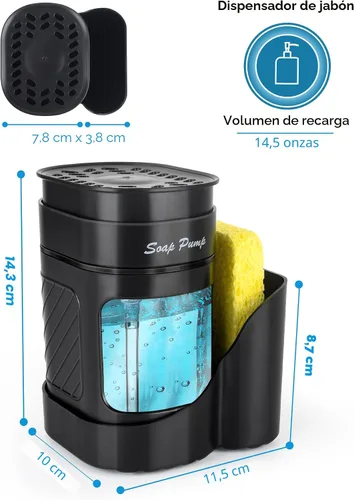 Vista 6 de Dispensador de jabón para platos de cocina con soporte para esponja, juego de dispensador de bomba de jabón para lavavajillas 3 en 1 para encimera